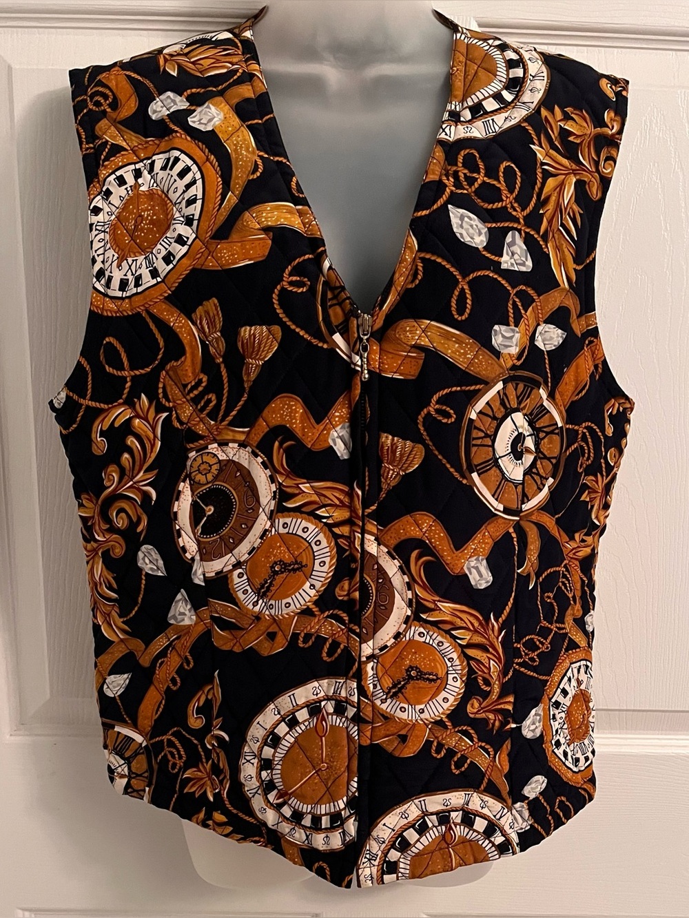 Vintage August Silk 100% Silk Quilted Baroque Clock Vest Black Size 14